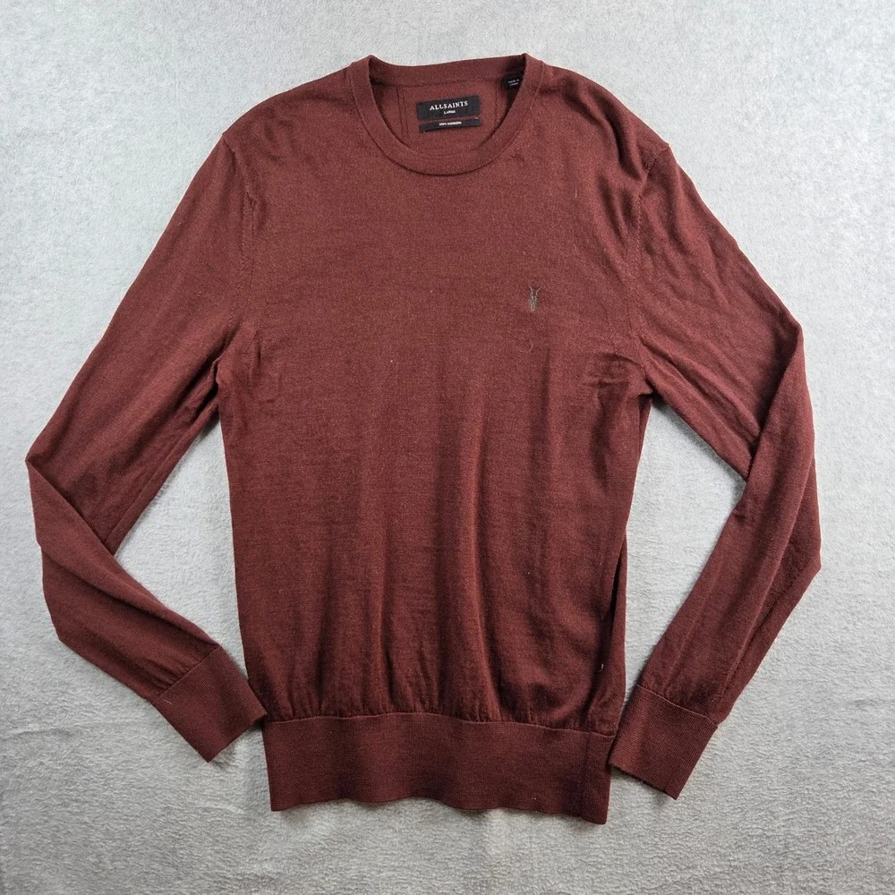AllSaints Sweater Mens Large Burgundy 100% Merino Wool Crew Neck Ramskull Logo